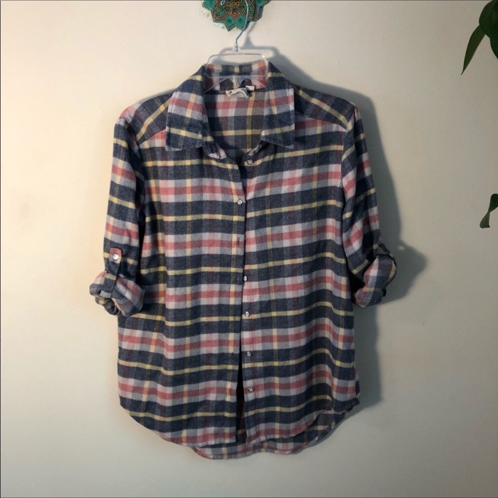 Anthropologie plaid flannel top shirt blue medium